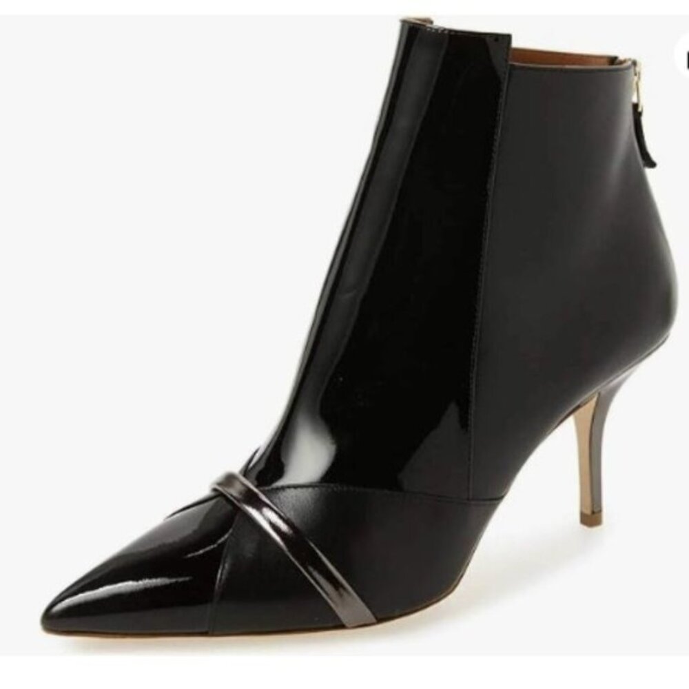 FSJ Women Glossy Mid Heel Ankle Boots Pointed Toe Boot Chelsea Zipper Black Shoe